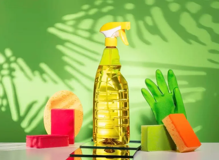 Eine Plastikflasche mit Reinigungsmittel und Accessoires mit Schwämmen und Kuststoffhandschuh. Eine Plastikflasche mit Reinigungsmittel und Accessoires mit Schwämmen und Kuststoffhandschuh. Fotograf Klaus Ohlenschläger