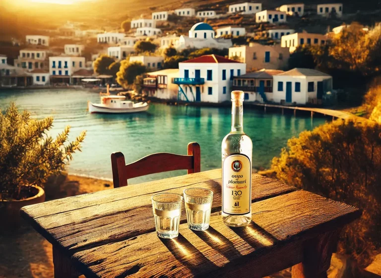 Stimmungsvolle Produktfotografie einer Flasche Ouzo mit KI generiertem Ambiente und griechischem Hintergrund, der ein typisches Dorf und eine idyllische Bucht zeigt. Studio für Produktfotografie Klaus Ohlenschlaeger, Frankfurt-Kronberg