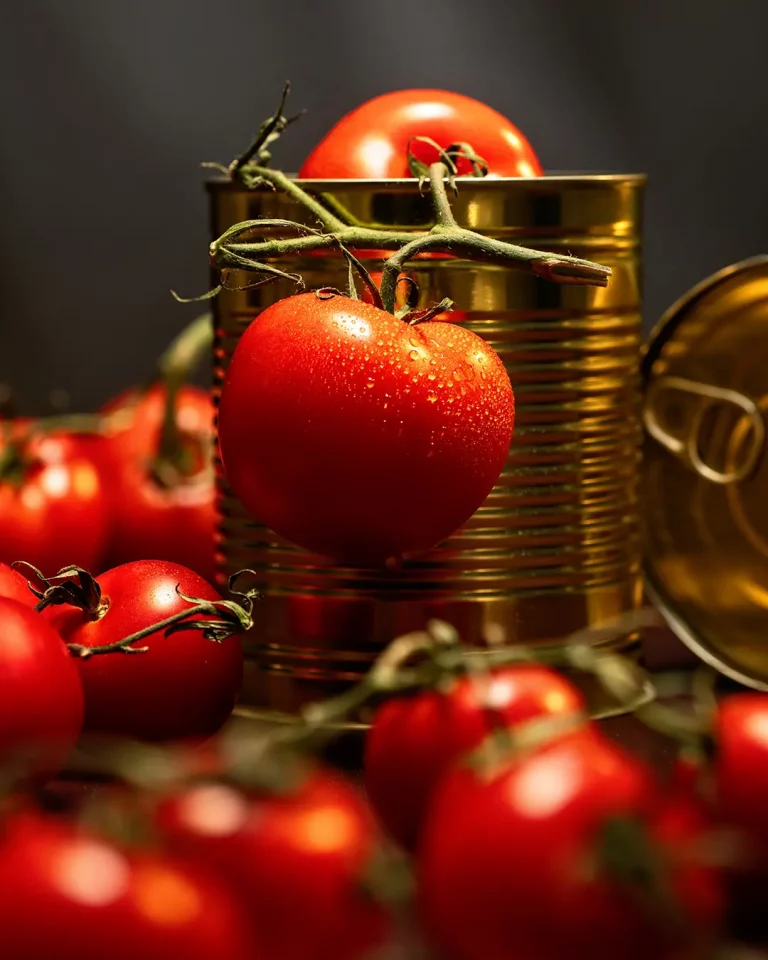 Eine Nahaufnahme im Stillleben-Stil von frischen, feuchten Rispentomaten und zwei goldenen Konservendosen vor dunklem Hintergrund. Eine Tomate hängt vorne an einer Ranke. Produktfotografie Frankfurt, Klaus Ohlenschläger